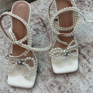 Pearl-Embellished White Strappy Heels